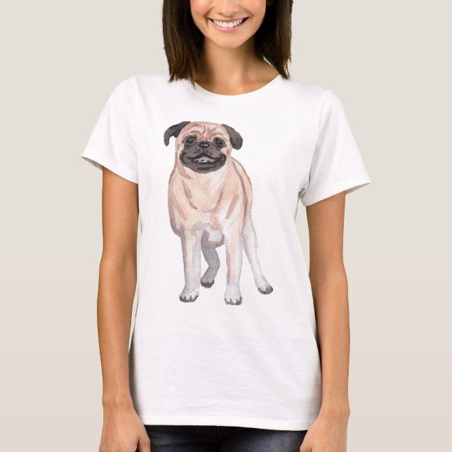 Pug Dog Watercolor Art Painting T-Shirt (Front)