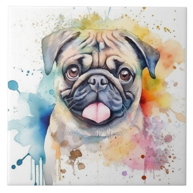 Pug Dog Watercolor Ceramic Tile (Front)