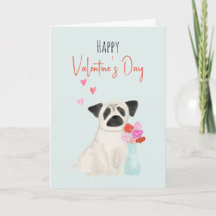 Pug Dog Watercolor Valentines Dog Holiday Card 