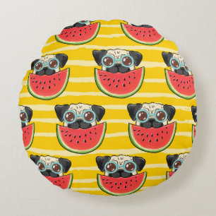 Pug Dog Watermelon: Summer Seamless. Round Cushion