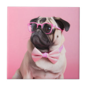 pug dog wearing bow ceramic tile