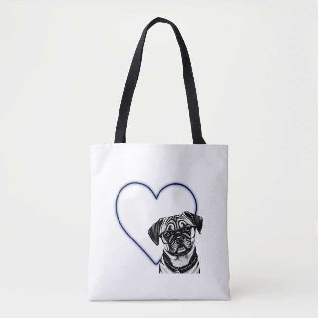 Pug Dog Wearing Glasses Blue Heart Design Tote Bag (Front)