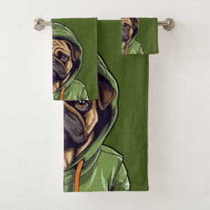 Pug Dog Wearing Green Hoodie Bath Towel Set