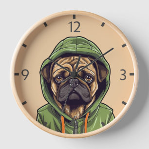 Pug Dog Wearing Green Hoodie Clock
