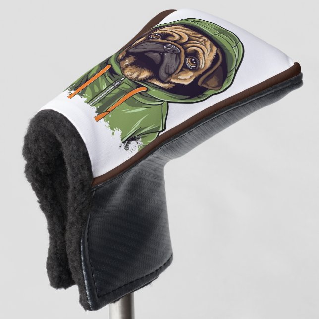 Pug Dog Wearing Green Hoodie Golf Head Cover (3/4 Front)