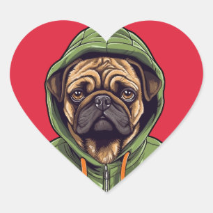 Pug Dog Wearing Green Hoodie Heart Sticker