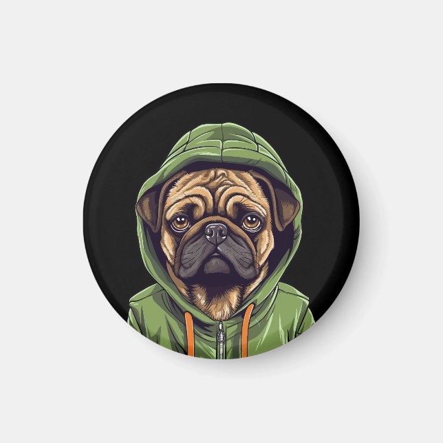 Pug Dog Wearing Green Hoodie Magnet (Front)