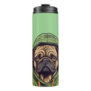 Pug Dog Wearing Green Hoodie Thermal Tumbler