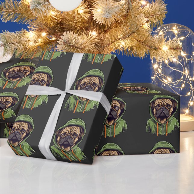Pug Dog Wearing Green Hoodie Wrapping Paper (Holidays)