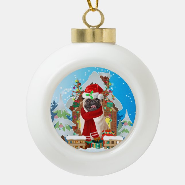 Pug dog with Christmas gifts Ceramic Ball Christmas Ornament (Front)