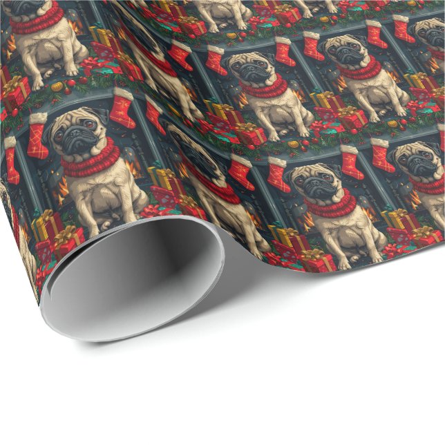 Pug Dog With Christmas Gifts Fireplace  Wrapping Paper (Roll Corner)