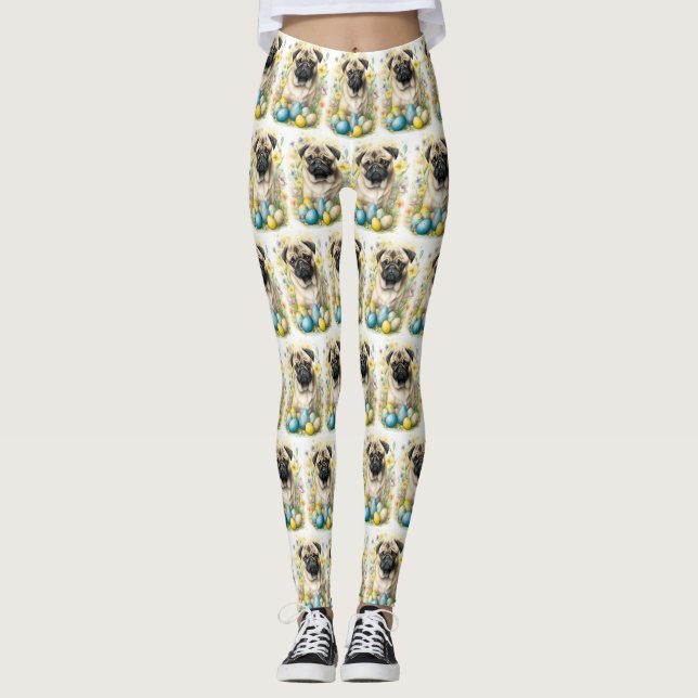 Pug Dog with Easter Eggs Holiday  Leggings (Front)