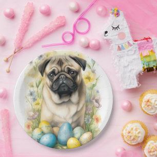 Pug Dog with Easter Eggs Holiday Paper Plate