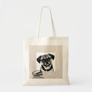 Pug Dog with Glasses and Books Tote