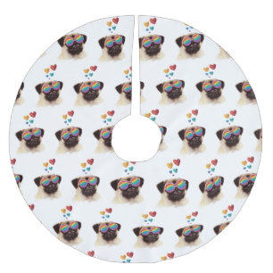 Pug Dog with Hearts Valentine's Day Brushed Polyester Tree Skirt