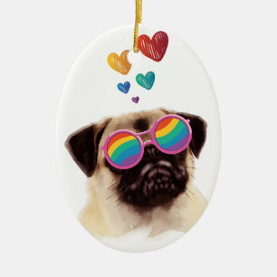 Pug Dog with Hearts Valentine's Day Ceramic Ornament