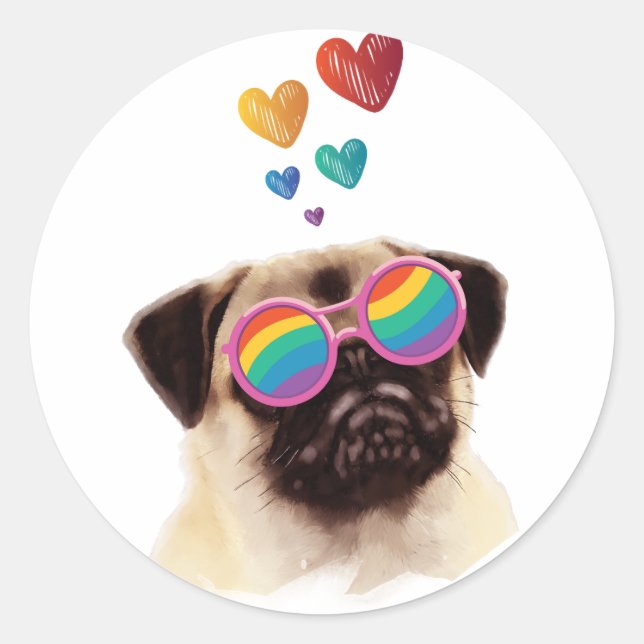 Pug Dog with Hearts Valentine's Day Classic Round Sticker (Front)