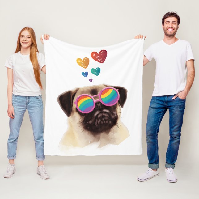 Pug Dog with Hearts Valentine's Day Fleece Blanket (In Situ)