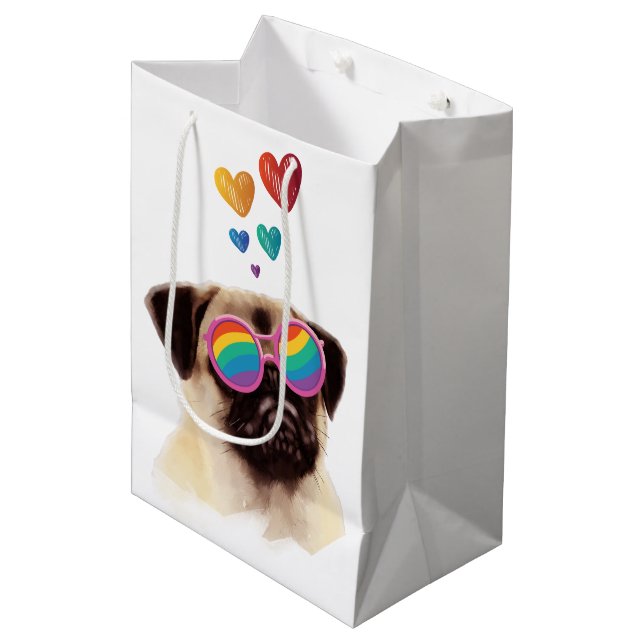 Pug Dog with Hearts Valentine's Day Medium Gift Bag (Front Angled)