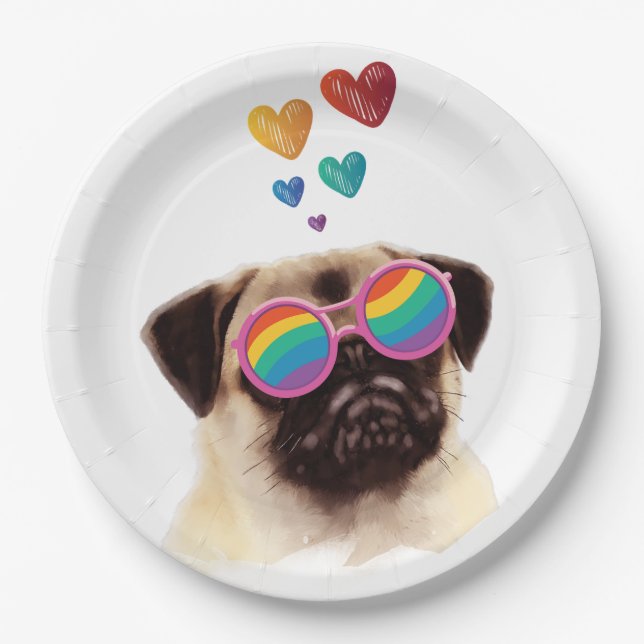 Pug Dog with Hearts Valentine's Day Paper Plate (Front)