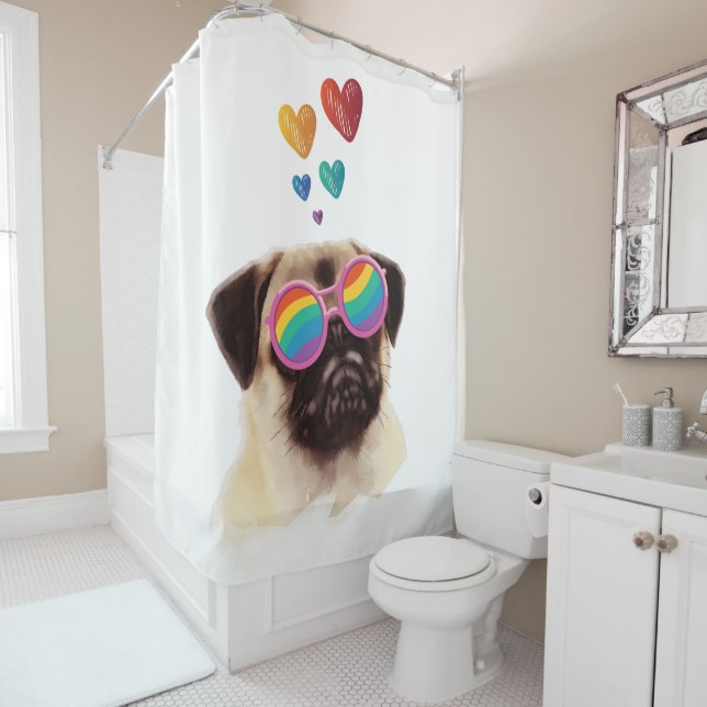 Pug Dog with Hearts Valentine's Day Shower Curtain (In Situ)