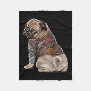 Pug Dog With Traditional Japanese Dragon Tattoo Ir Fleece Blanket