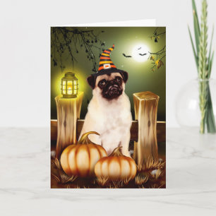 Pug Dog with Witch Hat Halloween Card