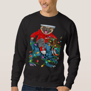Pug Dog Xmas Lights Pug Riding Dinosaur Christmas Sweatshirt