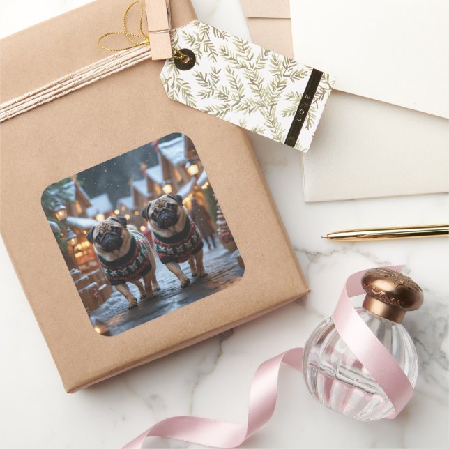 Pug Dogs Christmas Snow Holiday Square Sticker (Gifting)