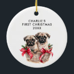 PUG Dog's First Christmas CUTE PHOTO Ceramic Ornament<br><div class="desc">This cute and adorable holiday ornament says the name of your dog, and that it's their first Christmas over a funny illustrations of two PUGS Puppies in wicker basket adorned with mistletoe, fragrant pine needles, and festive red bows! You can add your four-legged friend photo on the back using the...</div>