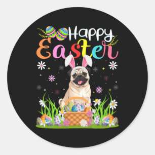 Pug Dogs Happy Easter Egg Hunt Bunny Ear Easter  Classic Round Sticker