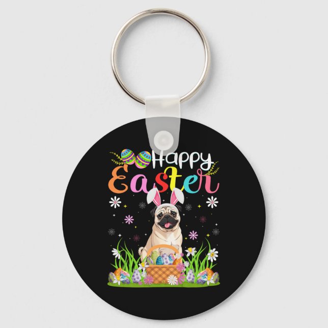 Pug Dogs Happy Easter Egg Hunt Bunny Ear Easter  Key Ring (Front)
