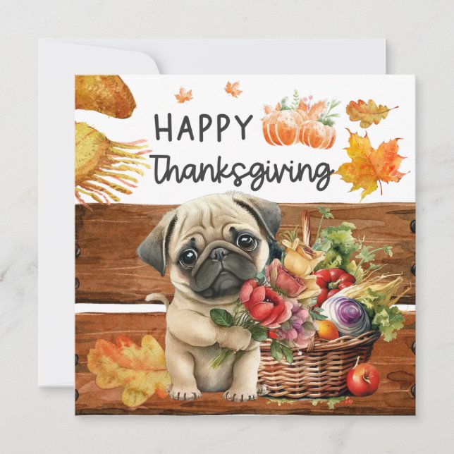 PUG Dogs  Happy Thanksgiving Day watercolor  Holiday Card (Front)