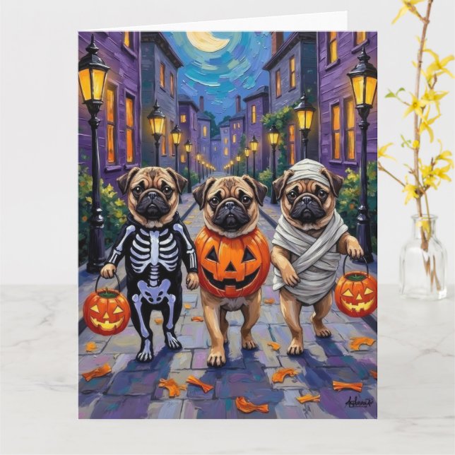 Pug Dogs Trick-or-Treating in Halloween Costumes Card (Yellow Flower)