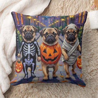 Pug Dogs Trick-or-Treating in Halloween Costumes Cushion