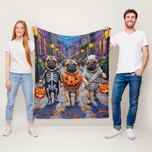 Pug Dogs Trick-or-Treating in Halloween Costumes Fleece Blanket (In Situ)