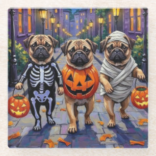 Pug Dogs Trick-or-Treating in Halloween Costumes Glass Coaster