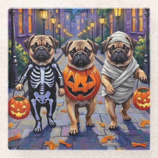 Pug Dogs Trick-or-Treating in Halloween Costumes Glass Coaster (Front)