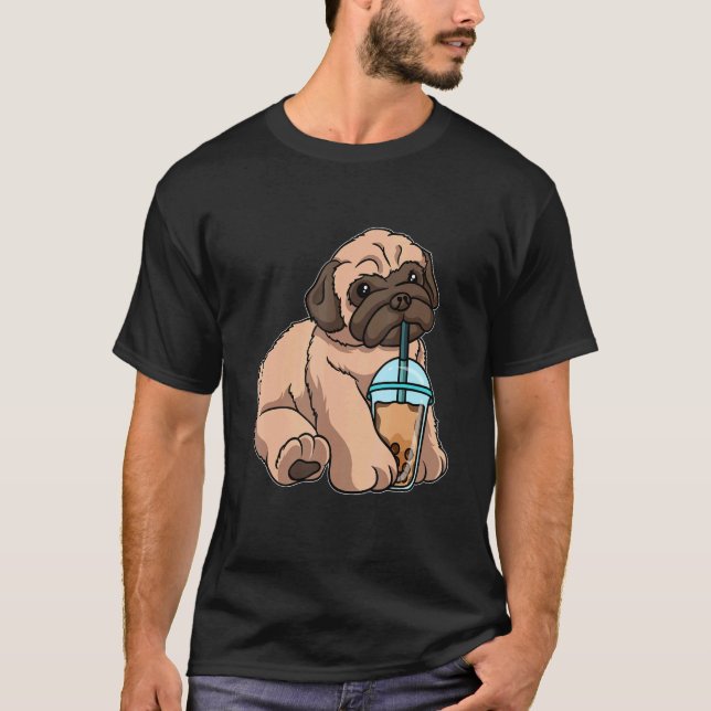 Pug Drinking Bubble Tea Cute Animals With Boba Tea T-Shirt (Front)