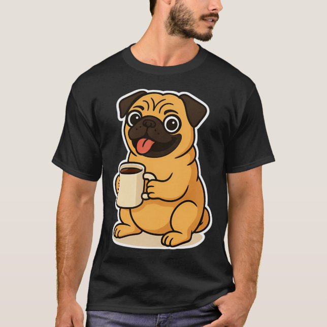 Pug drinking coffee T-Shirt (Front)