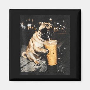 Pug drinking iced coffee cool dog glasses funny magnet