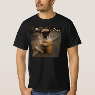 Pug Drinking Iced Coffee Funny Animal Dog Meme T-Shirt