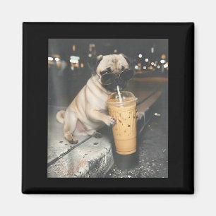Pug drinking iced coffee funny animal meme dog pug magnet