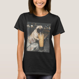 Pug drinking iced coffee funny animal meme dog pug T-Shirt