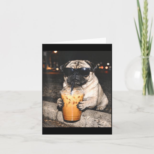 Pug Drinking Iced Coffee Funny Dog Meme Card (Front)