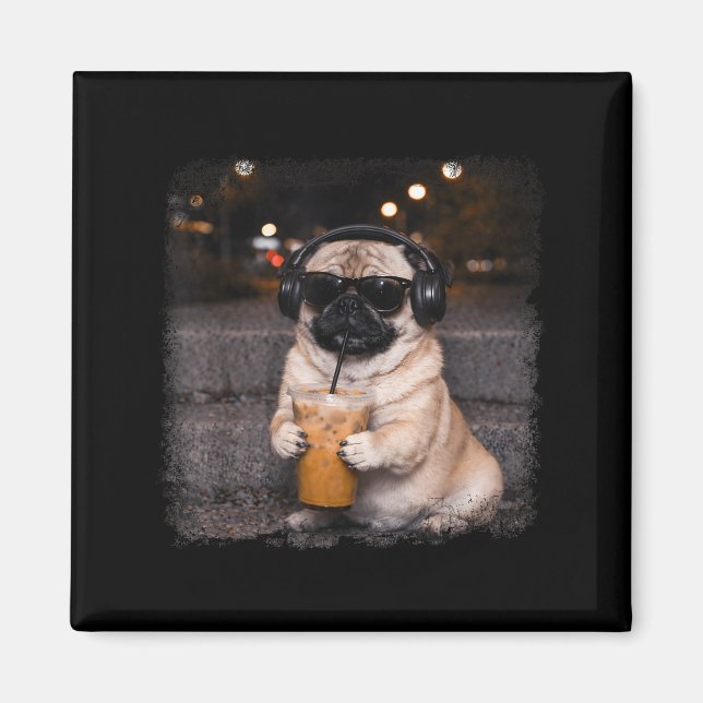 Pug drinking iced coffee lover humor funny dog mem magnet (Front)