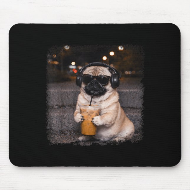 Pug drinking iced coffee lover humor funny dog mem mouse pad (Front)