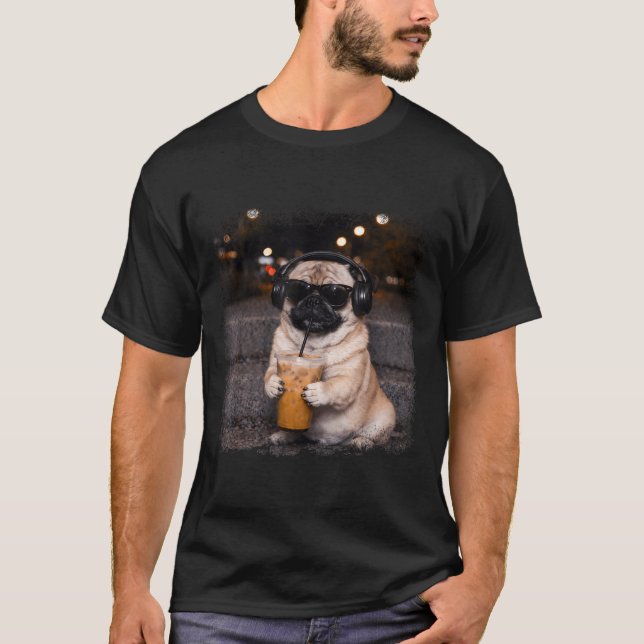 Pug drinking iced coffee lover humor funny dog mem T-Shirt (Front)