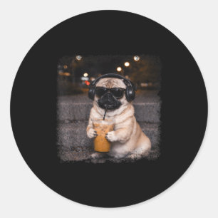 Pug drinking iced coffee lover humour funny dog me classic round sticker