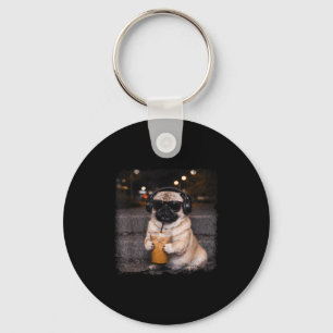 Pug drinking iced coffee lover humour funny dog me key ring
